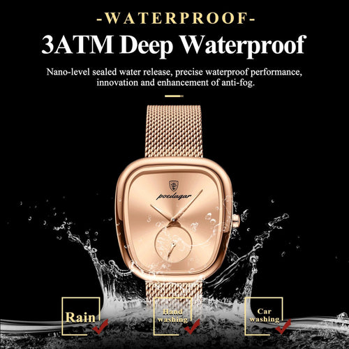 Mandotos POEDAGAR women's mesh watch with stainless steel band, waterproof quartz movement, stylish design for ladies.