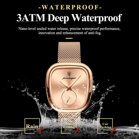 Mandotos POEDAGAR women's mesh watch with stainless steel band, waterproof quartz movement, stylish design for ladies.
