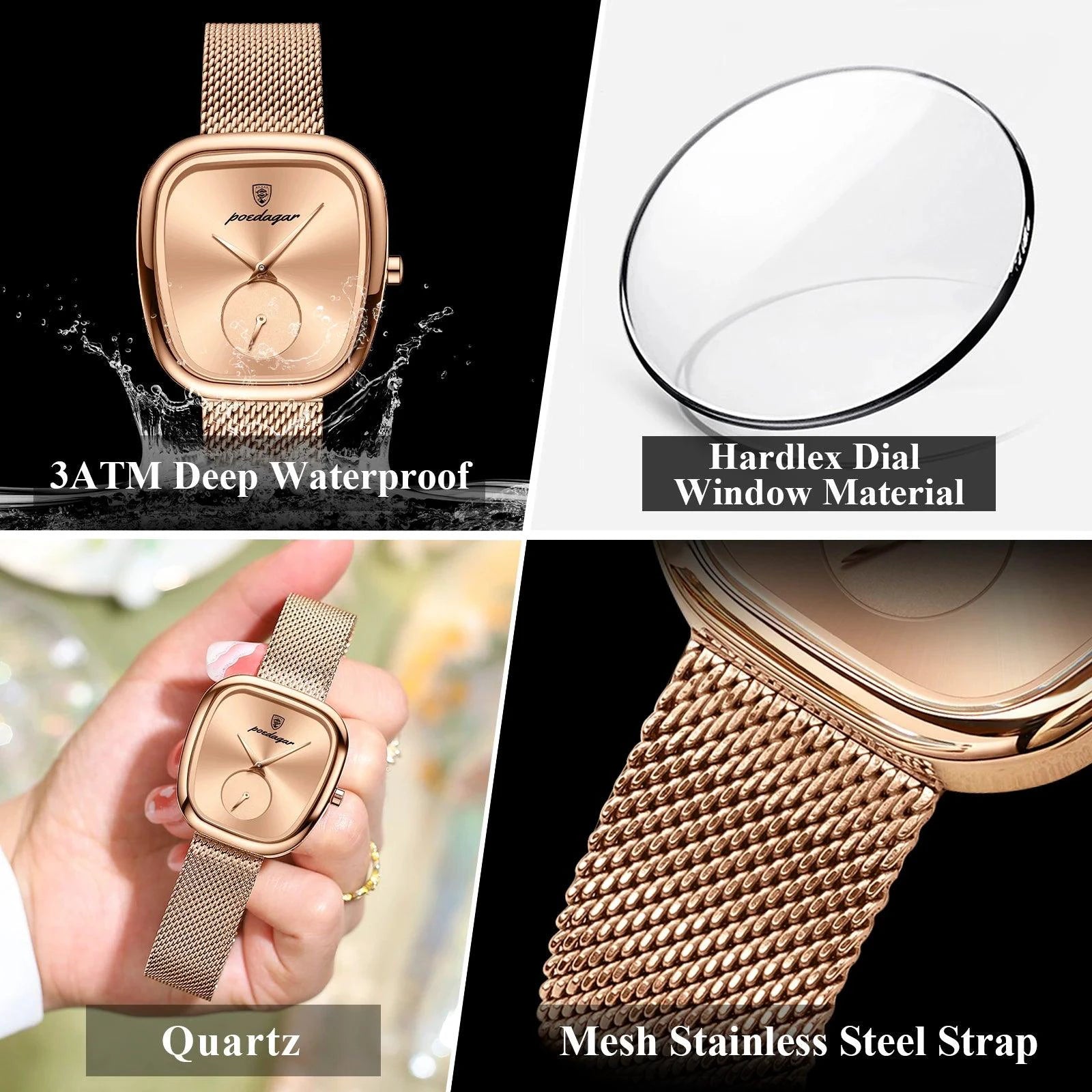 Mandotos POEDAGAR elegant women's mesh stainless steel waterproof quartz watch with a stylish design.