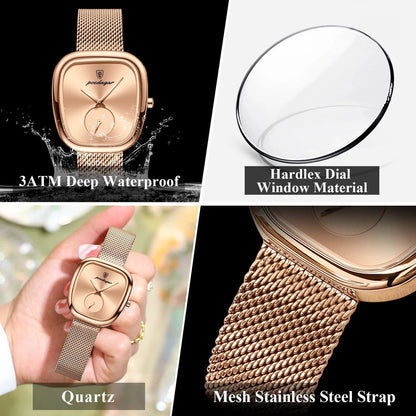 Mandotos POEDAGAR elegant women's mesh stainless steel waterproof quartz watch with a stylish design.