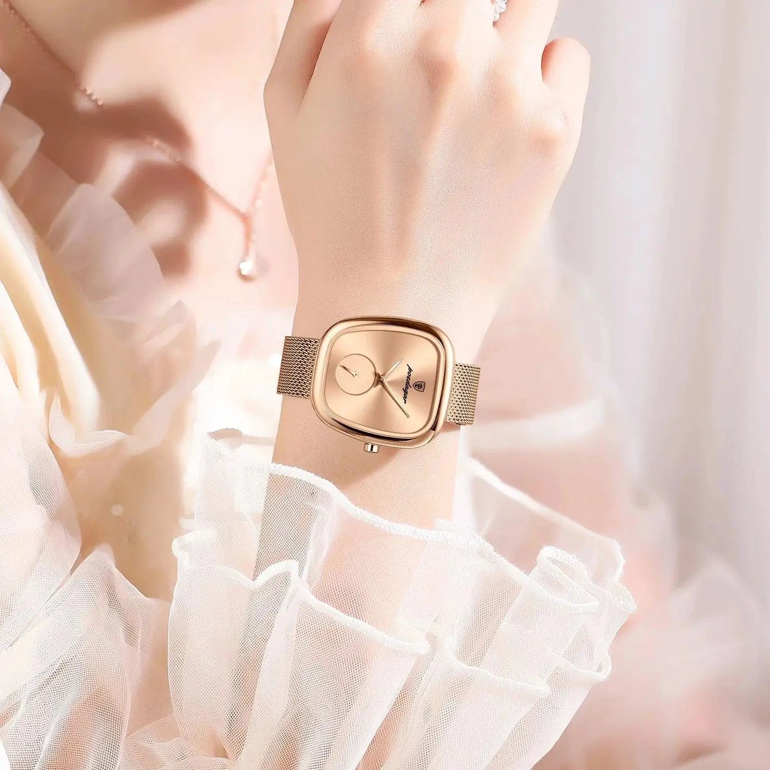 Mandotos POEDAGAR women's mesh watch with waterproof stainless steel case and quartz movement, stylish for ladies.