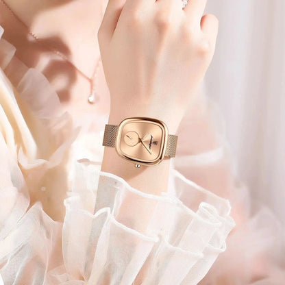 Mandotos POEDAGAR women's mesh watch with waterproof stainless steel case and quartz movement, stylish for ladies.