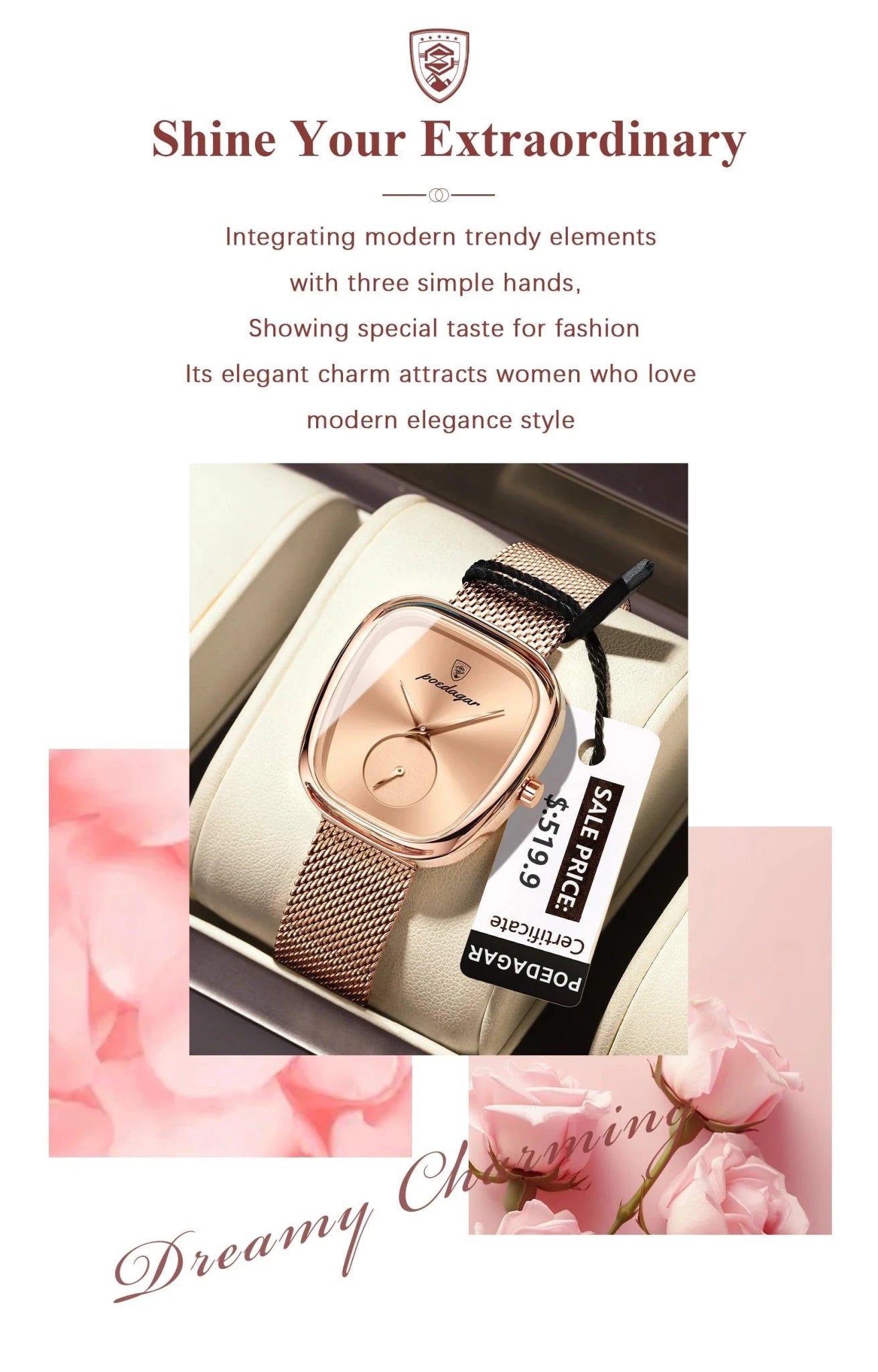 Mandotos POEDAGAR elegant women's mesh watch with waterproof stainless steel case and quartz movement, stylish for ladies