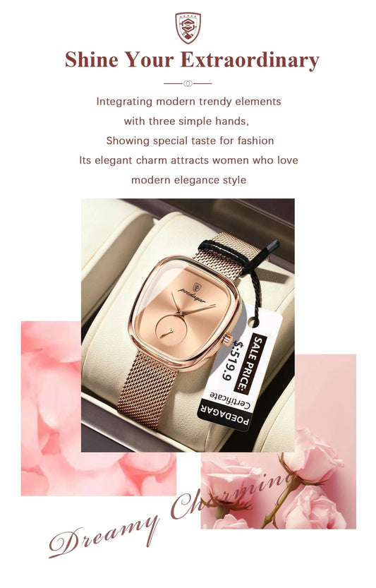 Mandotos POEDAGAR elegant women's mesh watch with waterproof stainless steel case and quartz movement, stylish for ladies