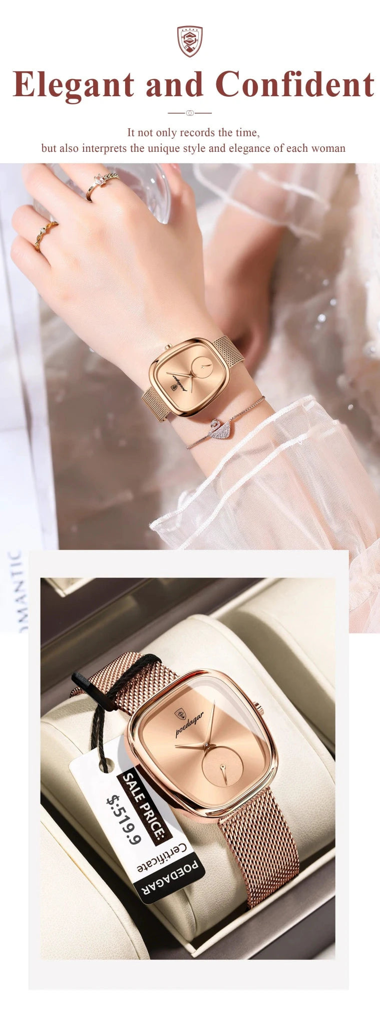 Mandotos POEDAGAR elegant women's mesh watch with stainless steel strap, waterproof quartz movement, stylish for ladies.