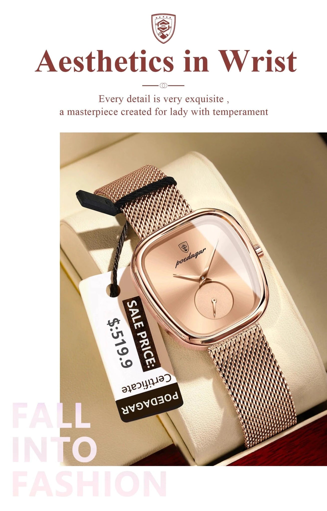 Mandotos POEDAGAR women's mesh watch with stainless steel band, waterproof quartz movement, stylish for ladies.