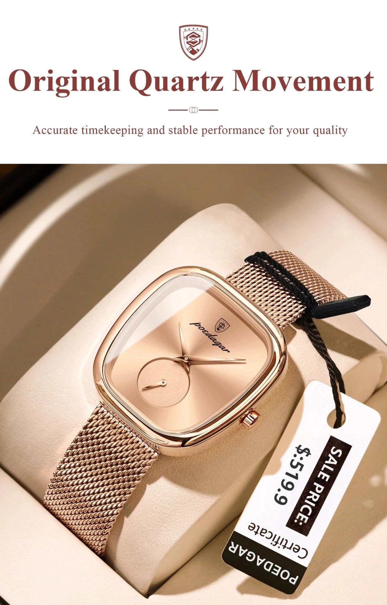 Mandotos POEDAGAR women's mesh waterproof stainless steel quartz watch, stylish timepiece for ladies with elegant design