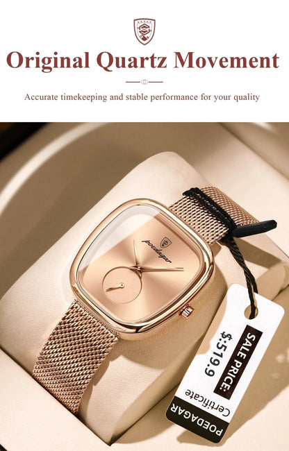 Mandotos POEDAGAR women's mesh waterproof stainless steel quartz watch, stylish timepiece for ladies with elegant design