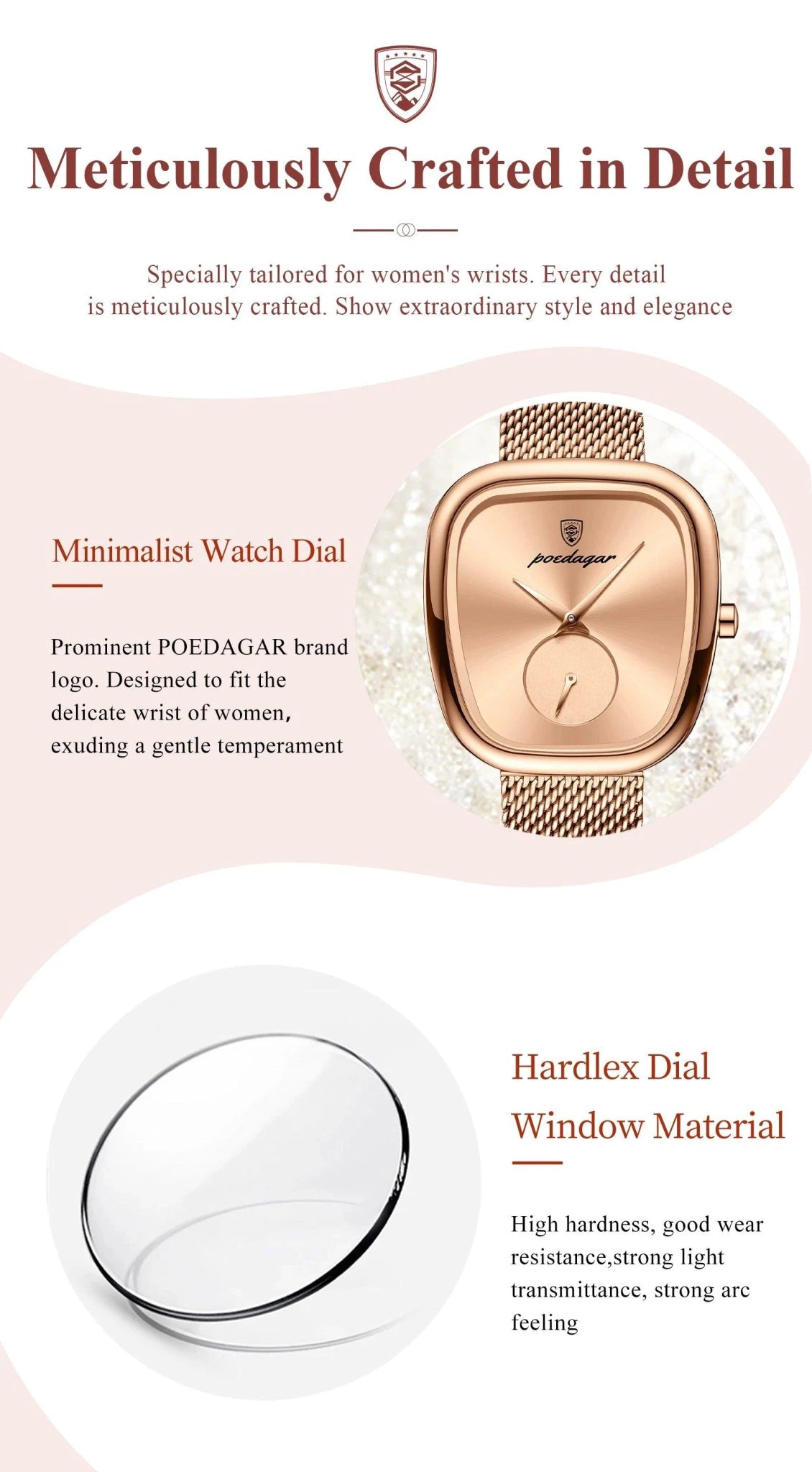 Elegant women's mesh watch by Mandotos with stainless steel band, waterproof design, quartz movement, suitable for stylish ladies.