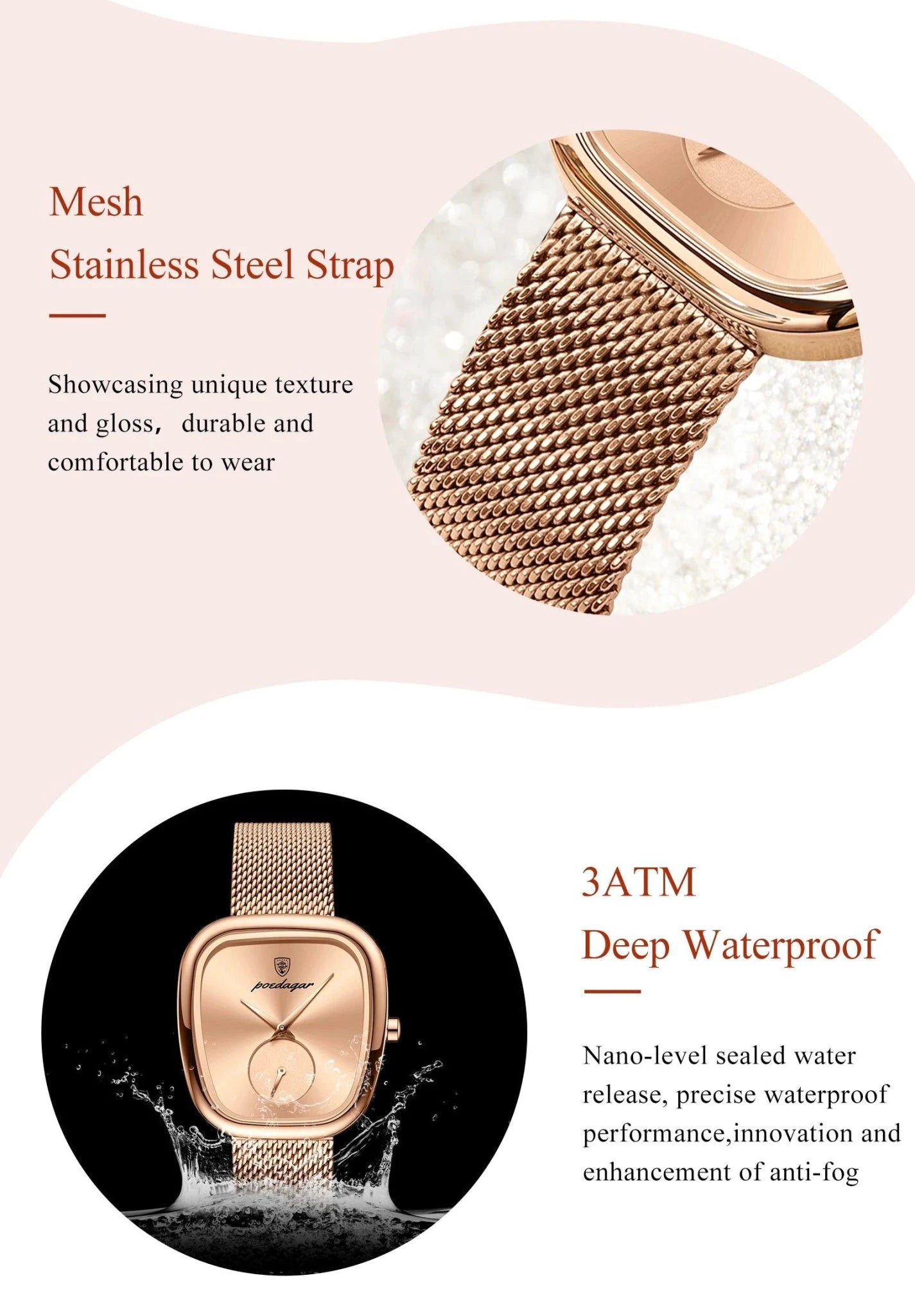 Mandotos POEDAGAR elegant women's mesh watch with waterproof stainless steel case and quartz movement, stylish for ladies.