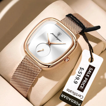 Mandotos POEDAGAR elegant women's mesh stainless steel waterproof quartz watch showing a sleek watch face and stylish design.