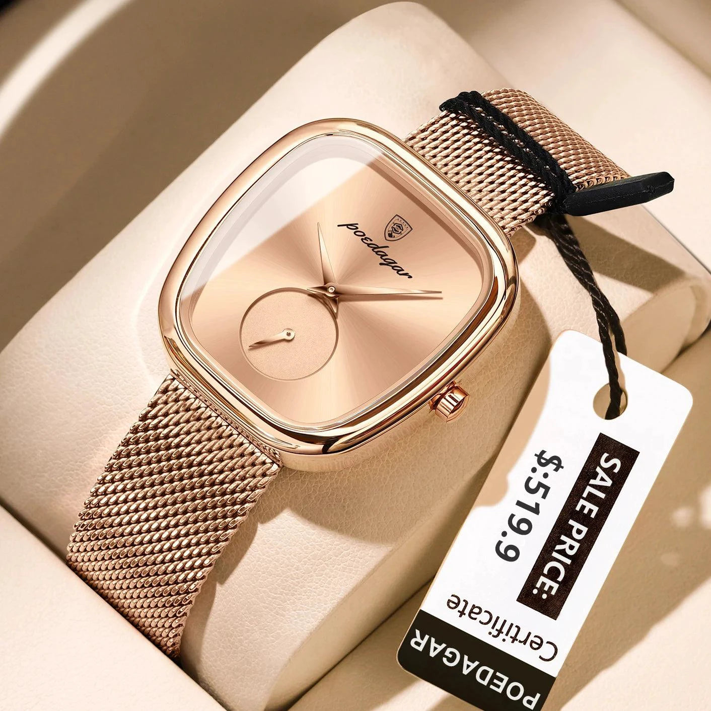 Mandotos POEDAGAR women's mesh watch with waterproof stainless steel case and quartz movement, stylish and elegant for women.
