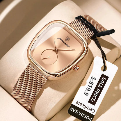 Mandotos POEDAGAR women's mesh watch with waterproof stainless steel case and quartz movement, stylish and elegant for women.