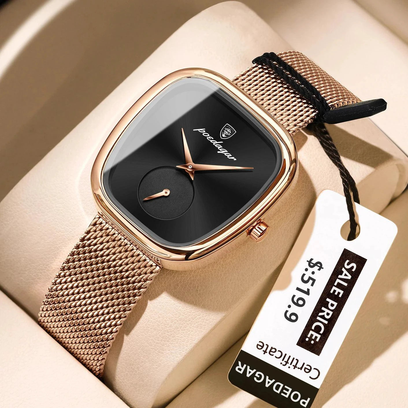 Mandotos POEDAGAR elegant women's mesh watch with waterproof stainless steel case and quartz movement, stylish for ladies.