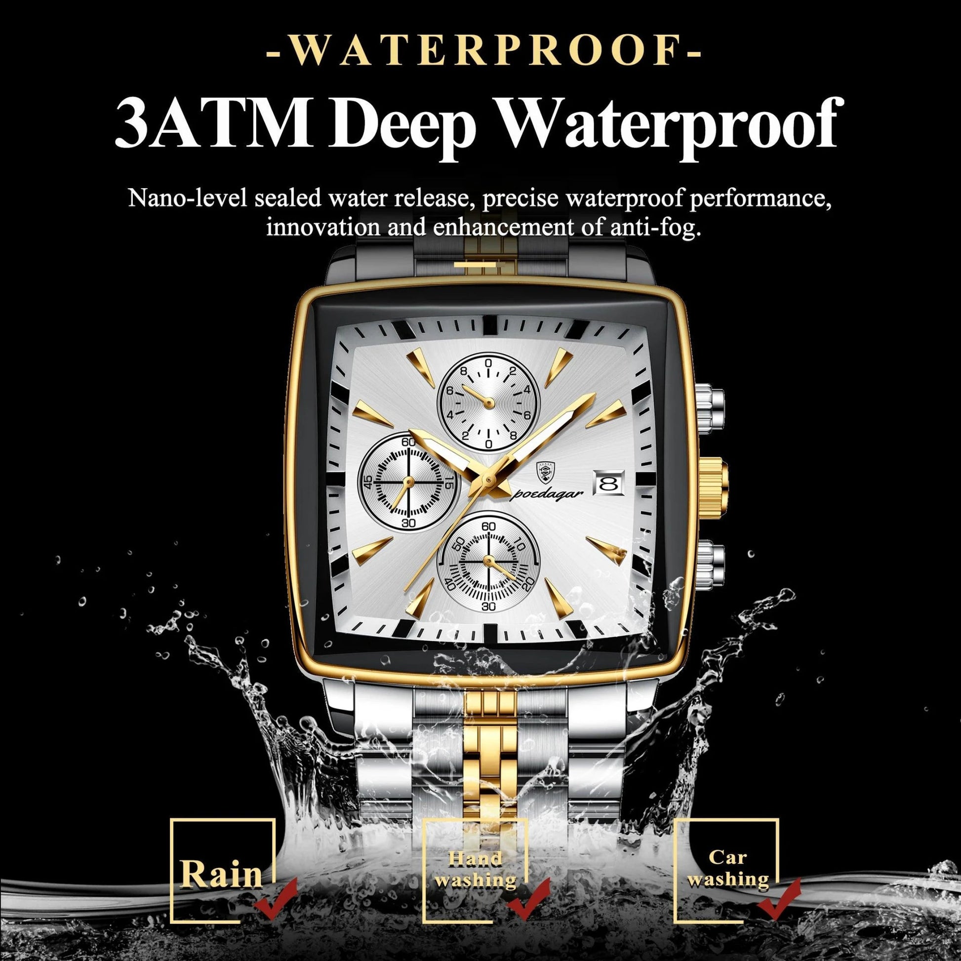 Mandotos POEDAGAR luxury men's chronograph watch with stainless steel band, luminous dial, waterproof, sporty design.