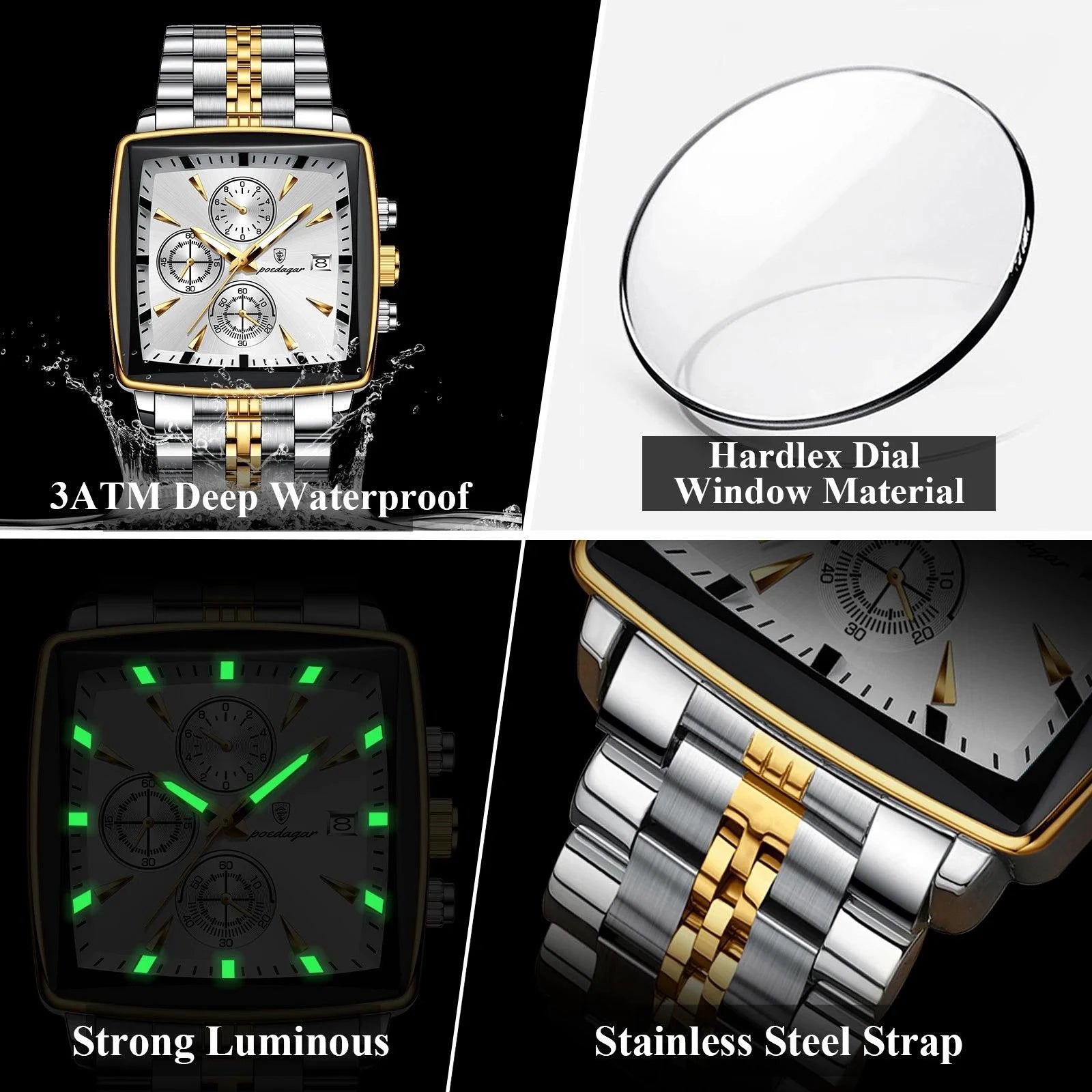 Mandotos POEDAGAR luxury men's chronograph watch with stainless steel band, luminous dial, waterproof, sporty design.