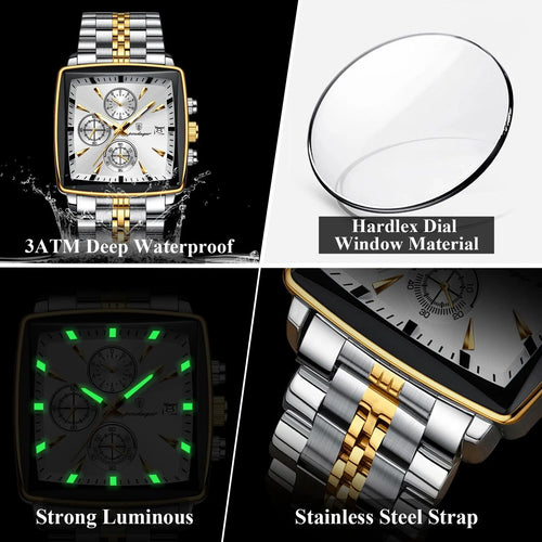 Mandotos POEDAGAR luxury men's chronograph watch with stainless steel band, luminous dial, waterproof, sporty design.