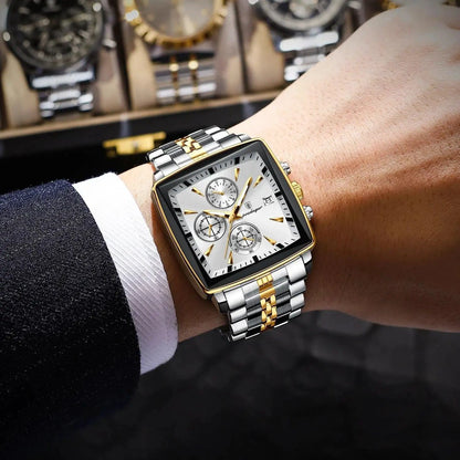 Mandotos POEDAGAR luxury men's chronograph watch with stainless steel band, luminous dial, waterproof, sporty design.