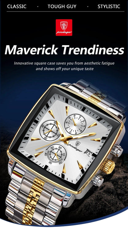 Mandotos POEDAGAR luxury men's chronograph watch with stainless steel band, luminous dial, waterproof, sporty design.