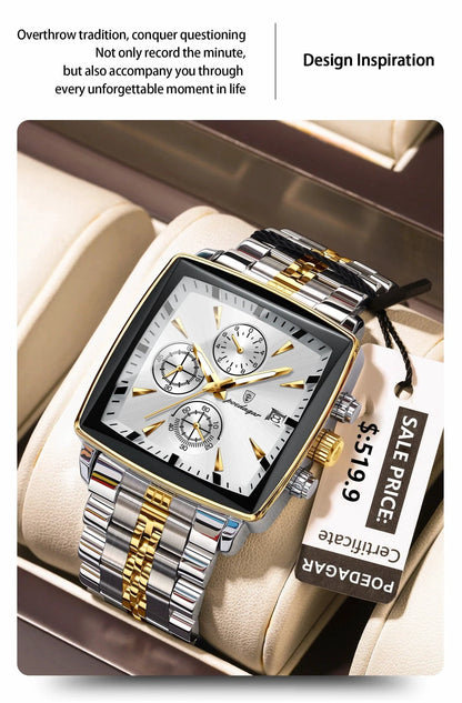 Mandotos POEDAGAR luxury men's chronograph watch with stainless steel band, luminous dial, waterproof, sporty design.