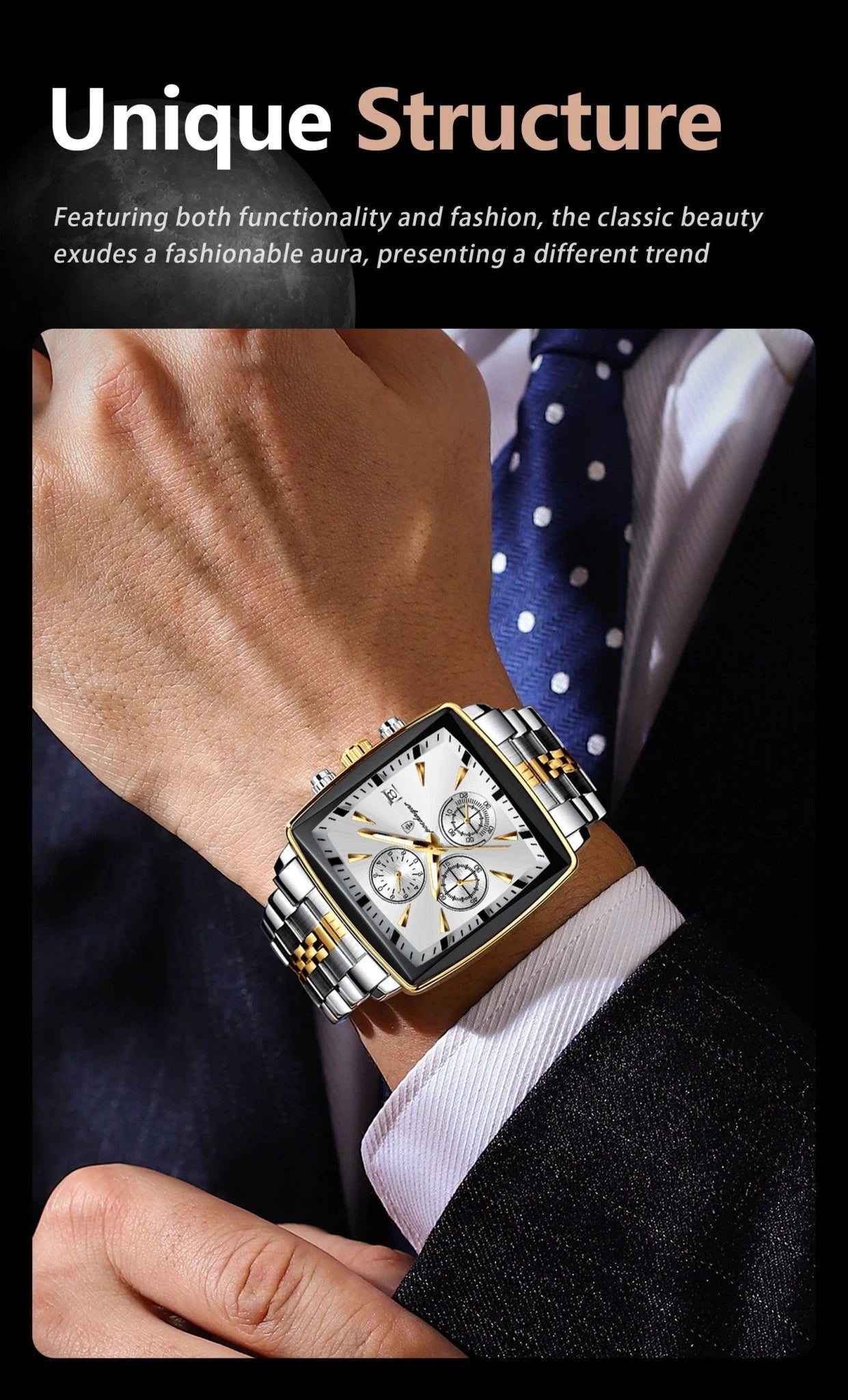 Mandotos POEDAGAR men's luxury chronograph watch with stainless steel case, luminous dial, sporty design, and waterproof features.
