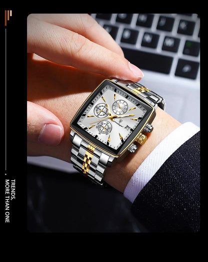 Mandotos POEDAGAR luxury men's chronograph watch with stainless steel band, luminous dial, waterproof, sporty design.