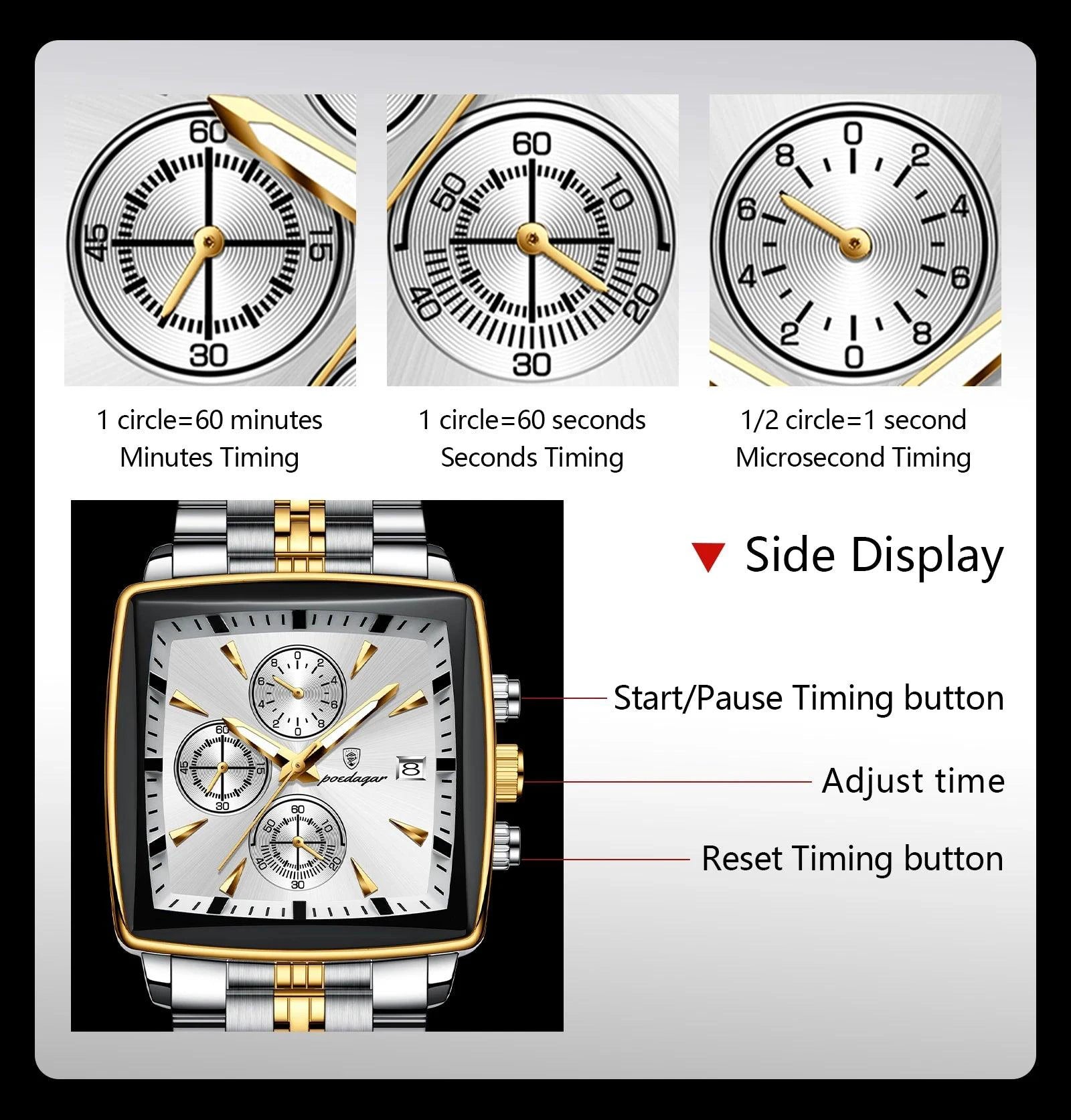 Mandotos POEDAGAR luxury men's chronograph watch with stainless steel band, luminous dial, waterproof, sporty design