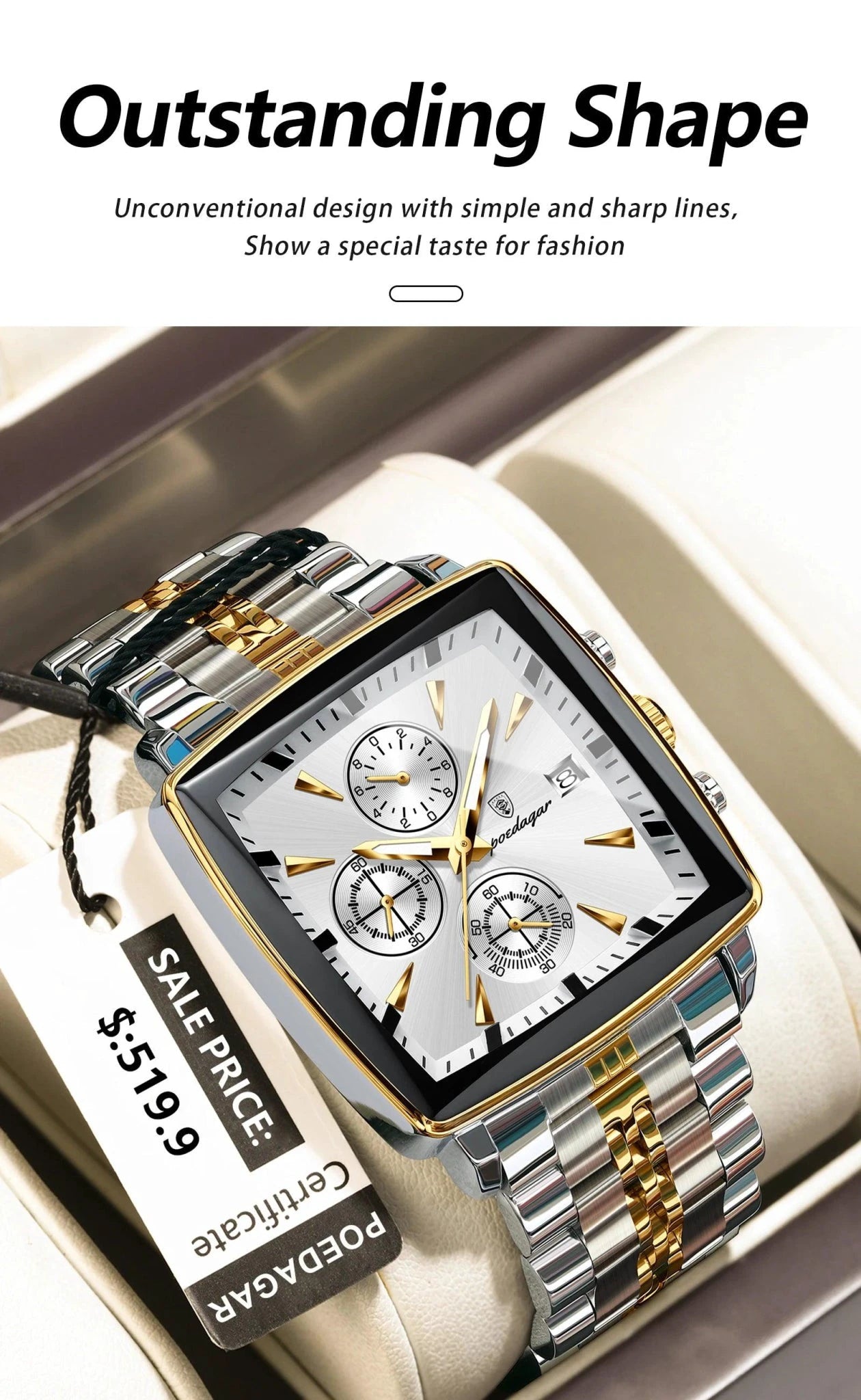 Mandotos POEDAGAR men's luxury chronograph watch with stainless steel strap, luminous dial, waterproof, sporty design.