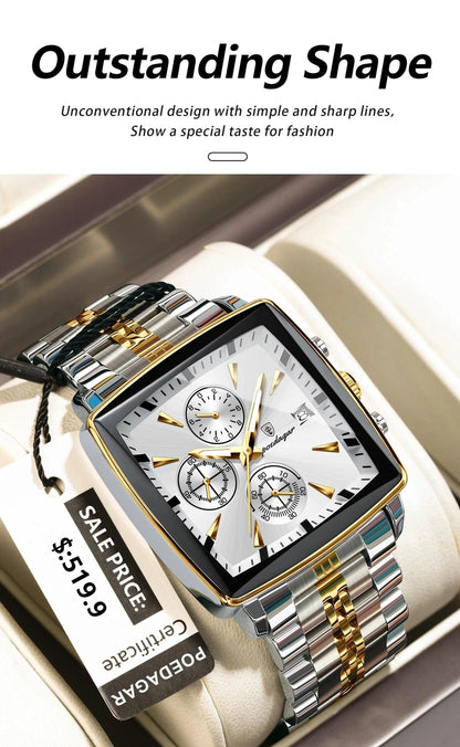 Mandotos POEDAGAR men's luxury chronograph watch with stainless steel strap, luminous dial, waterproof, sporty design.