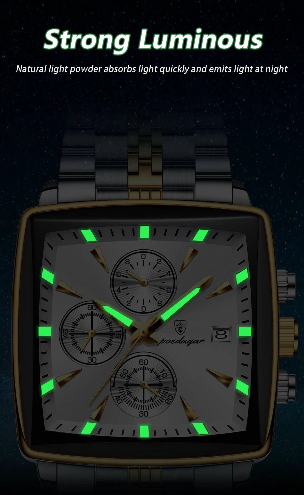 Mandotos POEDAGAR luxury men's chronograph watch with stainless steel strap, luminous dial, waterproof, sporty design