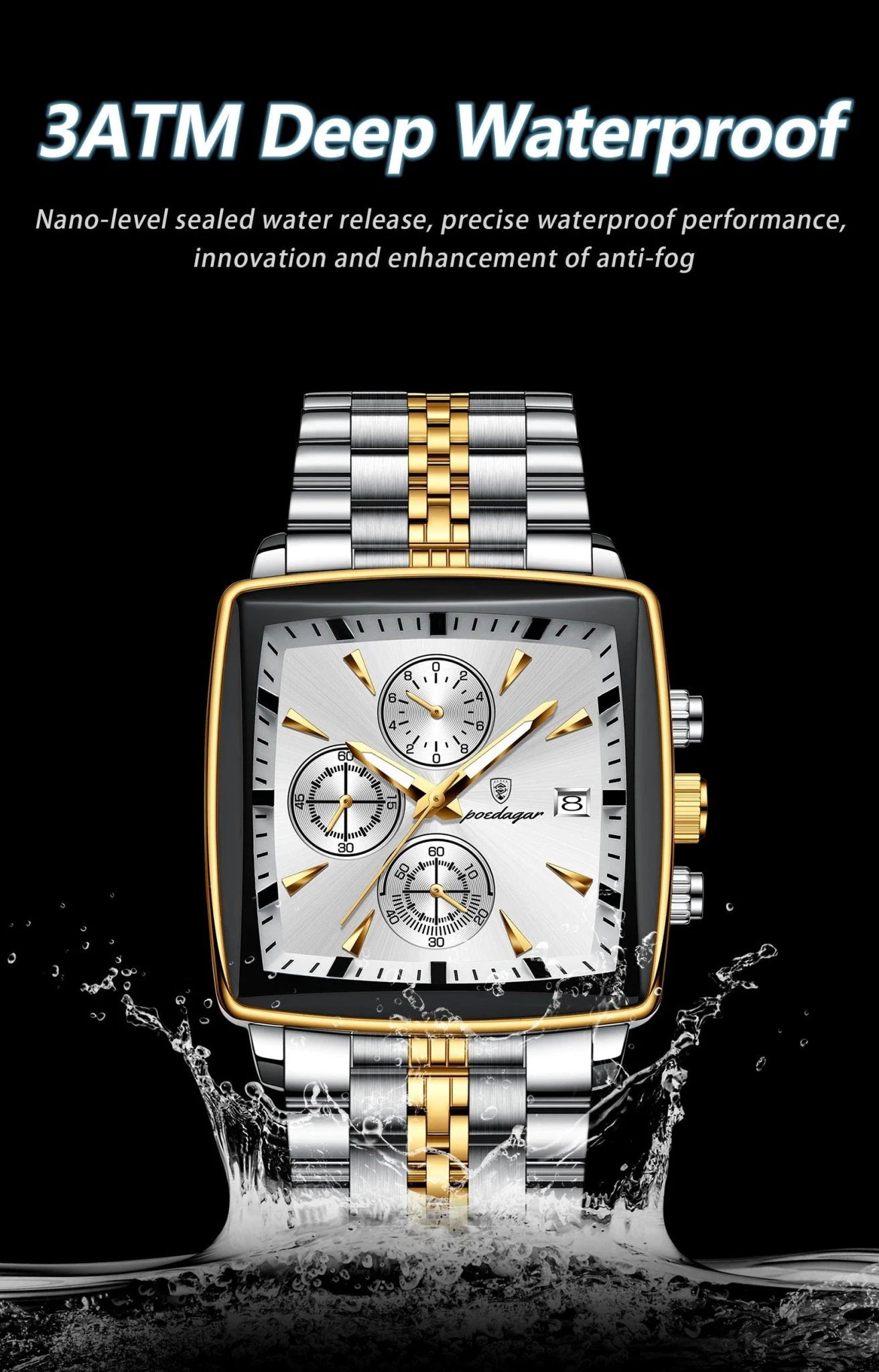 Mandotos POEDAGAR men's luxury chronograph watch with stainless steel case, luminous dial, waterproof design, sporty style.