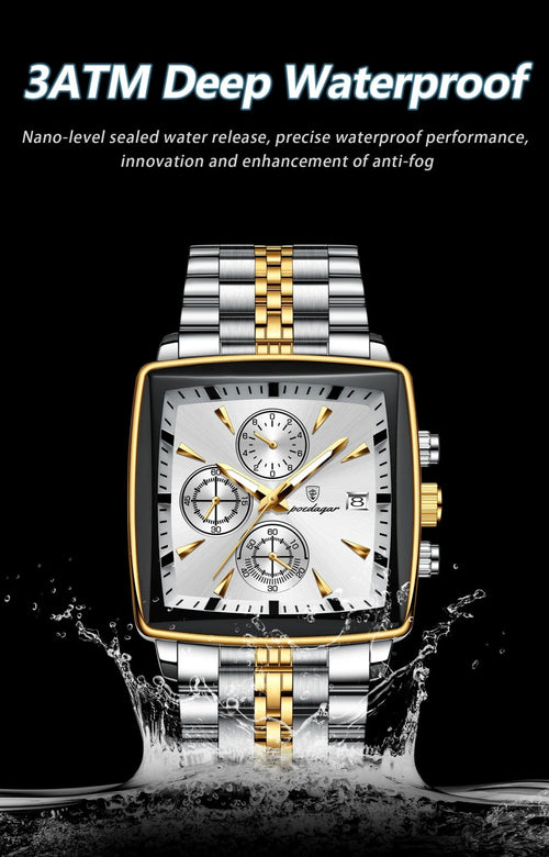 Mandotos POEDAGAR men's luxury chronograph watch with stainless steel case, luminous dial, waterproof design, sporty style.