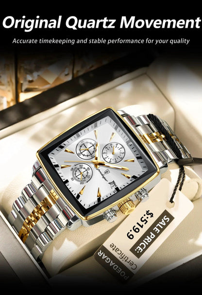 Mandotos POEDAGAR luxury men's chronograph watch with stainless steel band, luminous dial, waterproof, sporty design