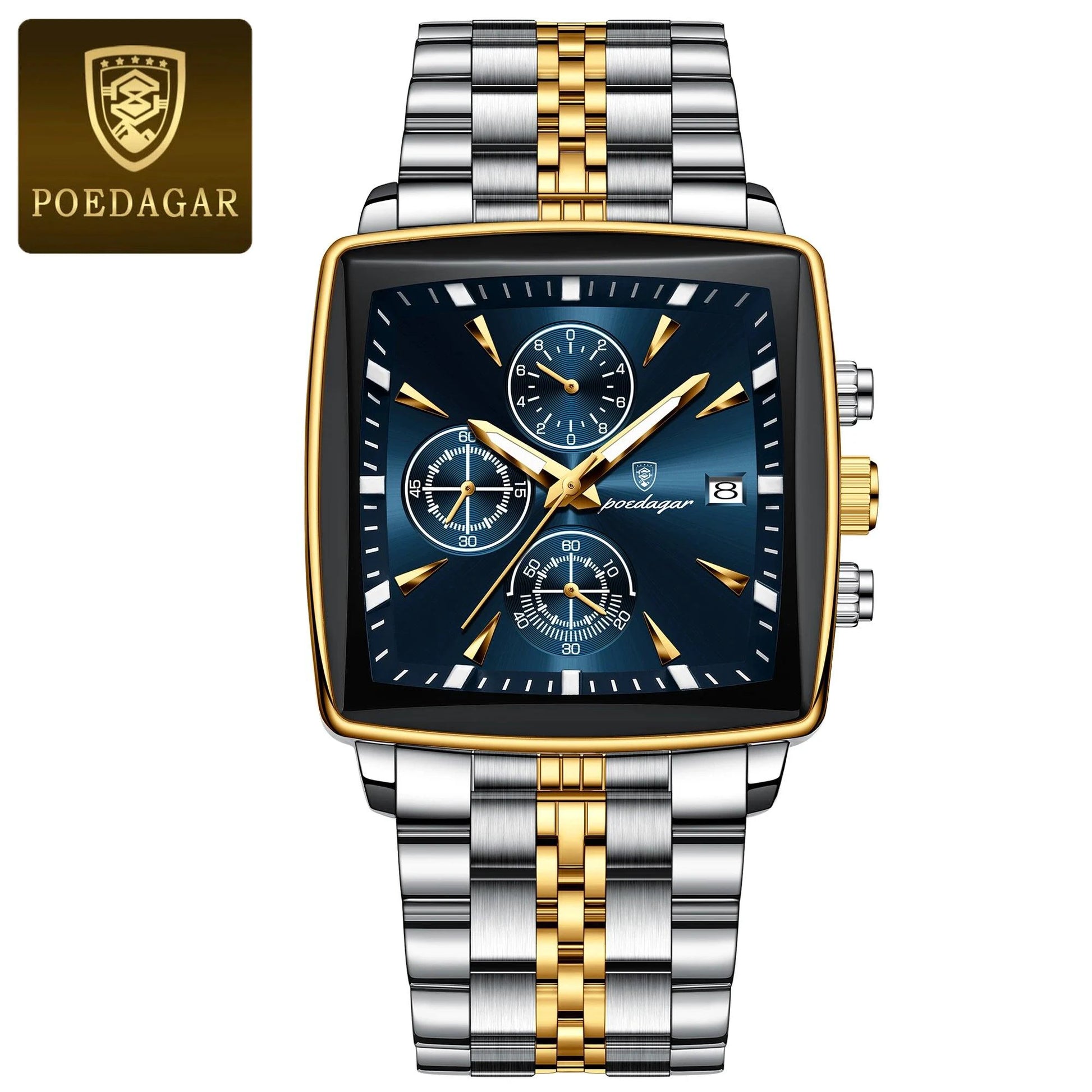 Mandotos POEDAGAR luxury men's chronograph watch with stainless steel strap, luminous dial, waterproof, sporty design.