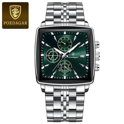 Mandotos POEDAGAR luxury men's chronograph watch with stainless steel strap, luminous dial, waterproof, sporty design.