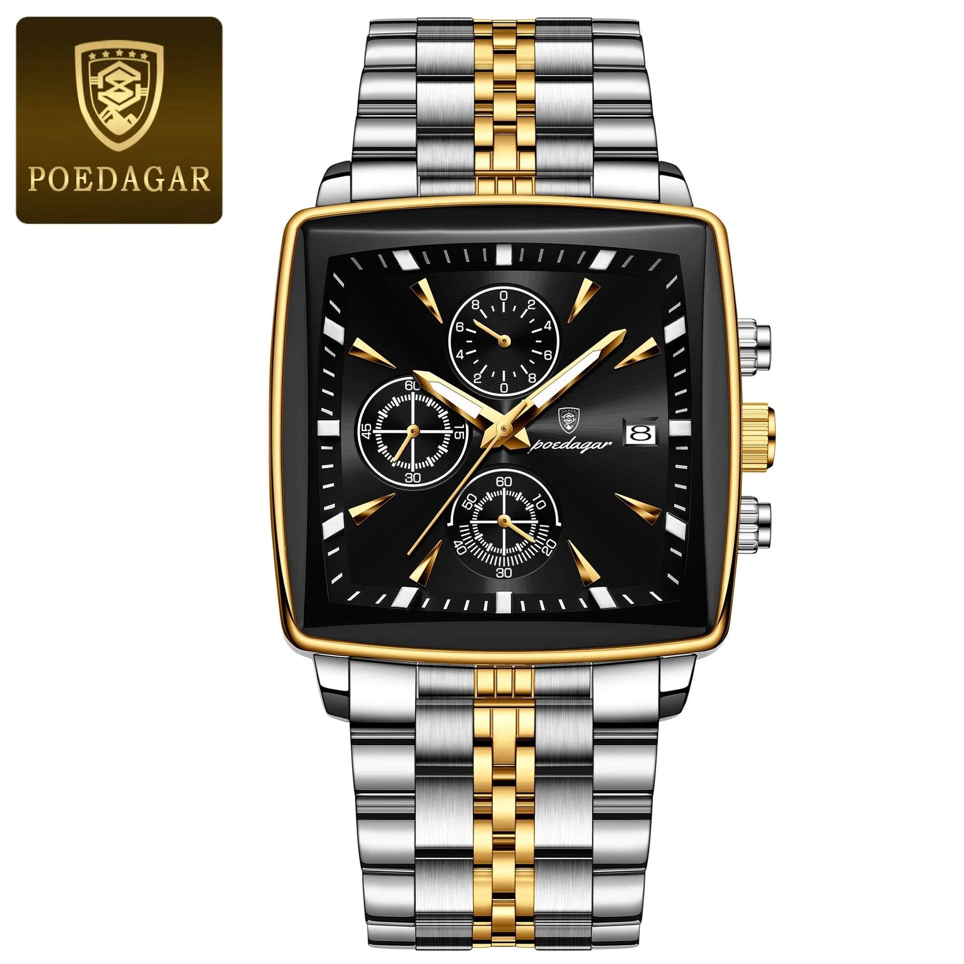 Mandotos POEDAGAR luxury men's chronograph watch with stainless steel strap, luminous dial, waterproof, sporty design.