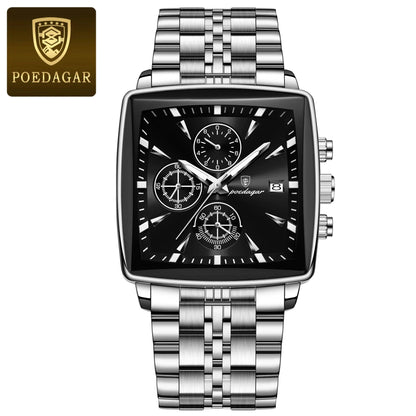 Mandotos POEDAGAR luxury men's chronograph watch with stainless steel band, luminous dial, waterproof, sporty design.
