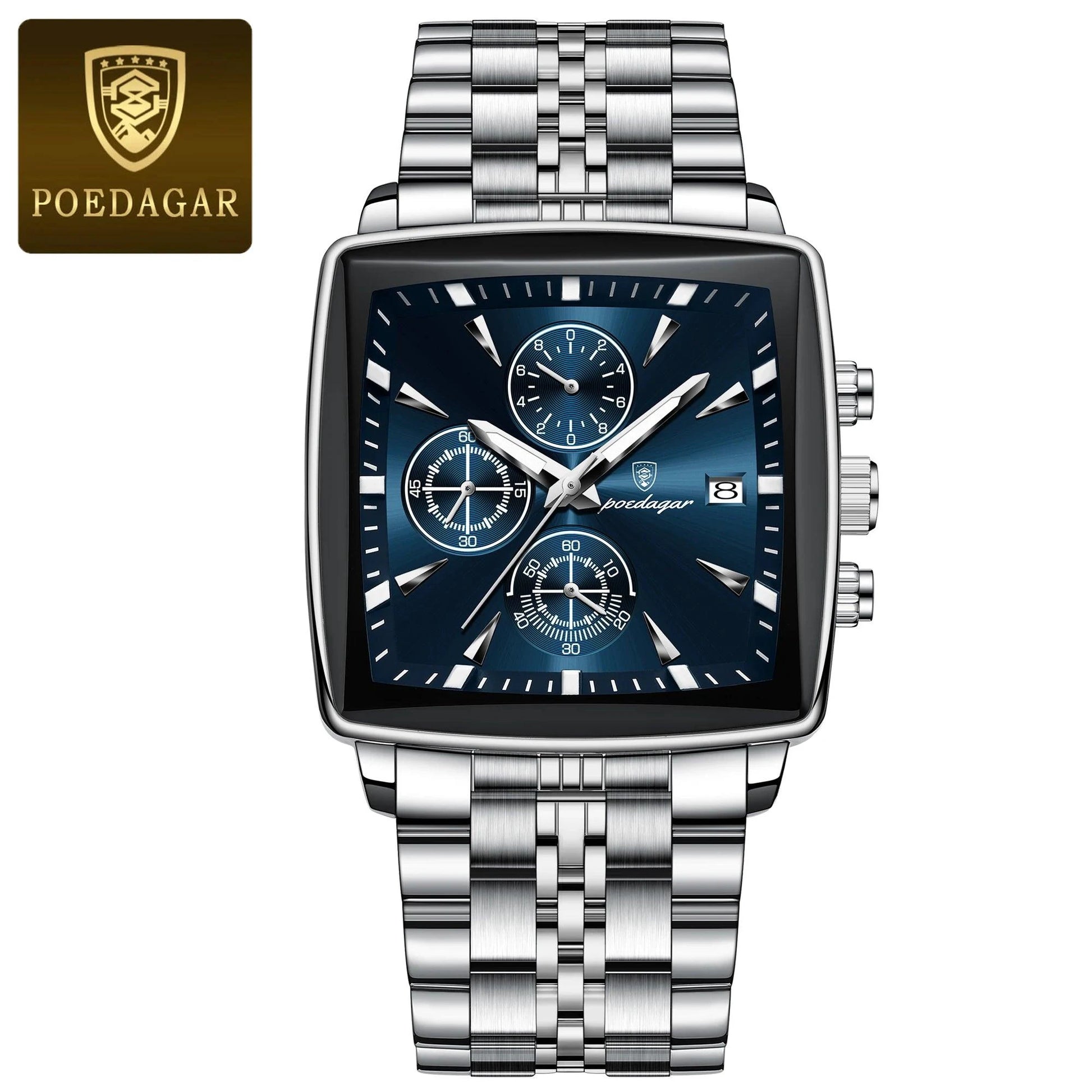 Mandotos POEDAGAR luxury men's chronograph watch with stainless steel band, luminous dial, waterproof, sporty design.