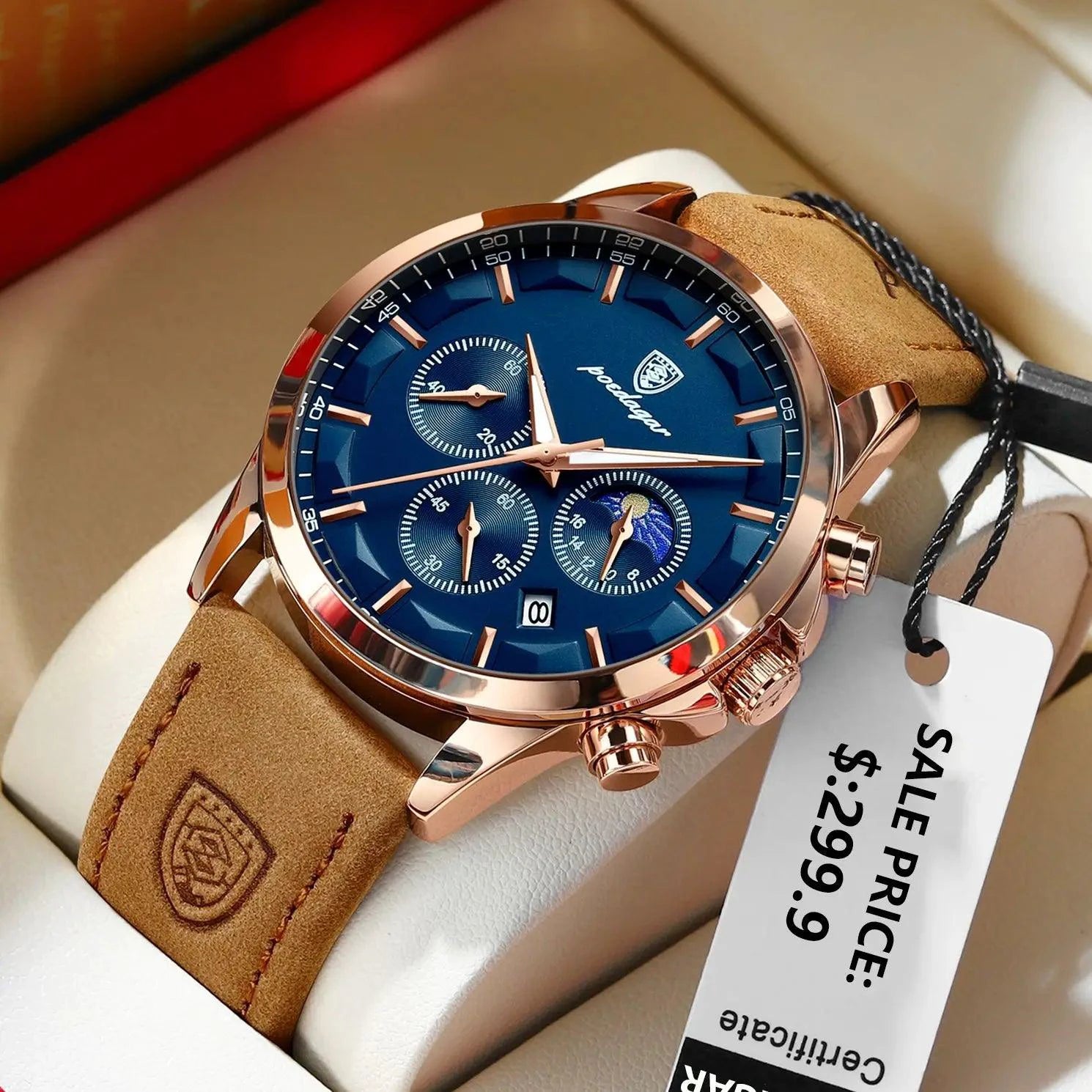 Mandotos POEDAGAR luxury men's chronograph watch with waterproof design, luminous dial, and leather strap.