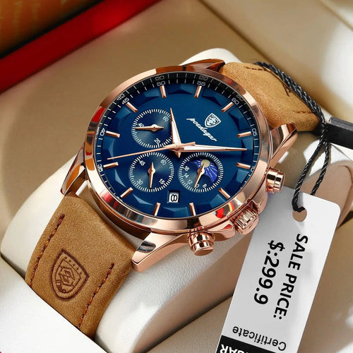 Mandotos POEDAGAR luxury men's chronograph watch with waterproof design, luminous dial, and leather strap.