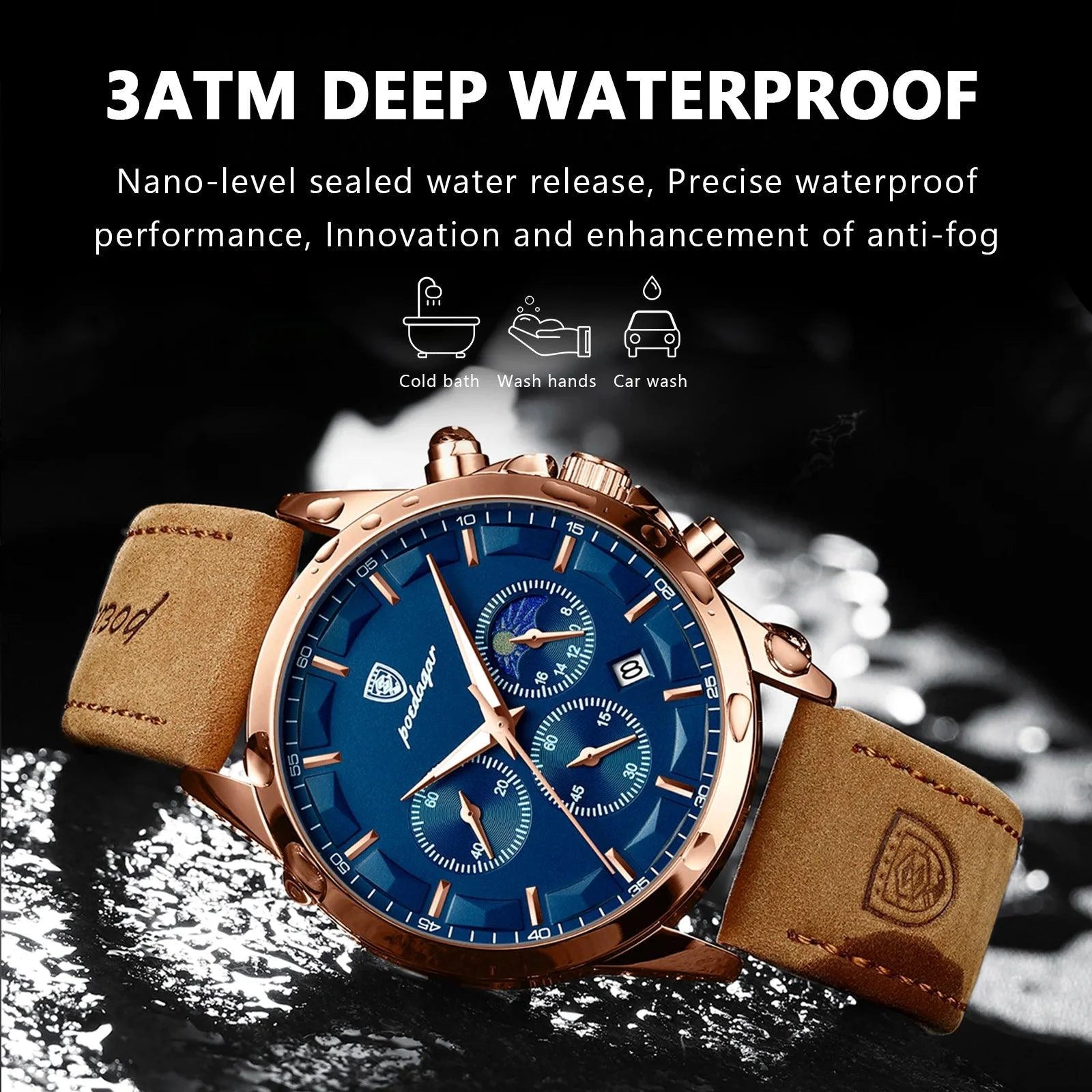 Mandotos POEDAGAR luxury men's chronograph watch with waterproof design, luminous dial, and leather strap on a wrist.