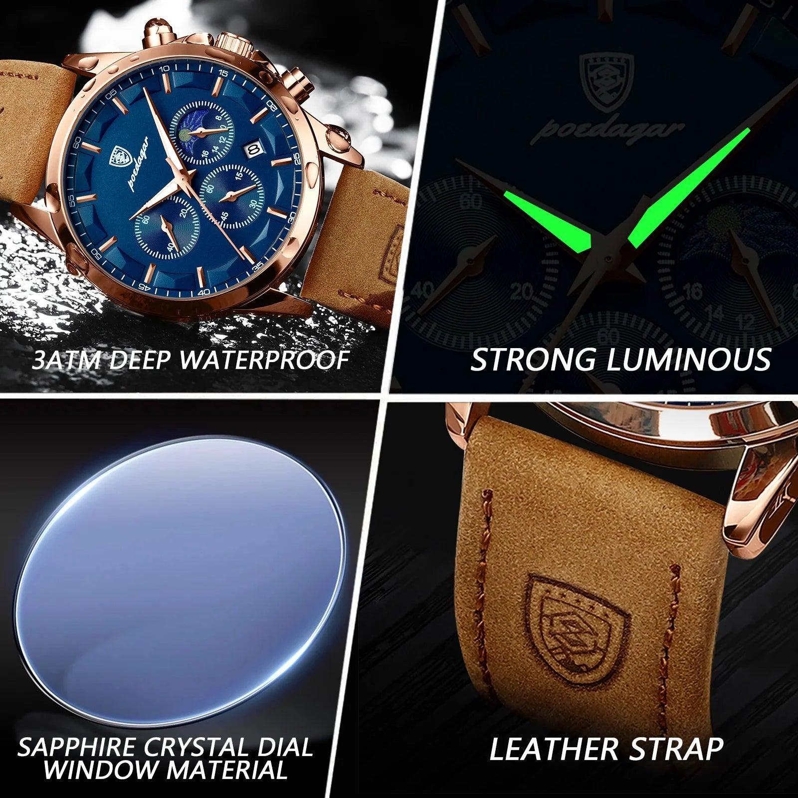 Mandotos POEDAGAR luxury men's chronograph watch with waterproof design, luminous dial, and leather strap.