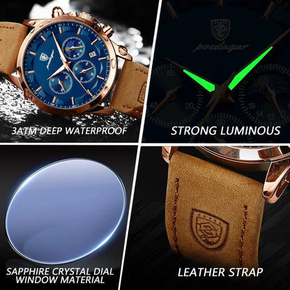 Mandotos POEDAGAR luxury men's chronograph watch with waterproof design, luminous dial, and leather strap.