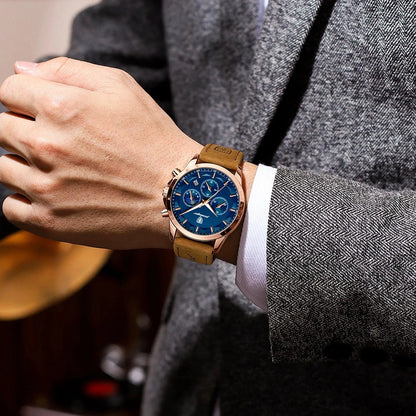 Mandotos POEDAGAR luxury men's chronograph watch with waterproof design, luminous dial, and leather strap.
