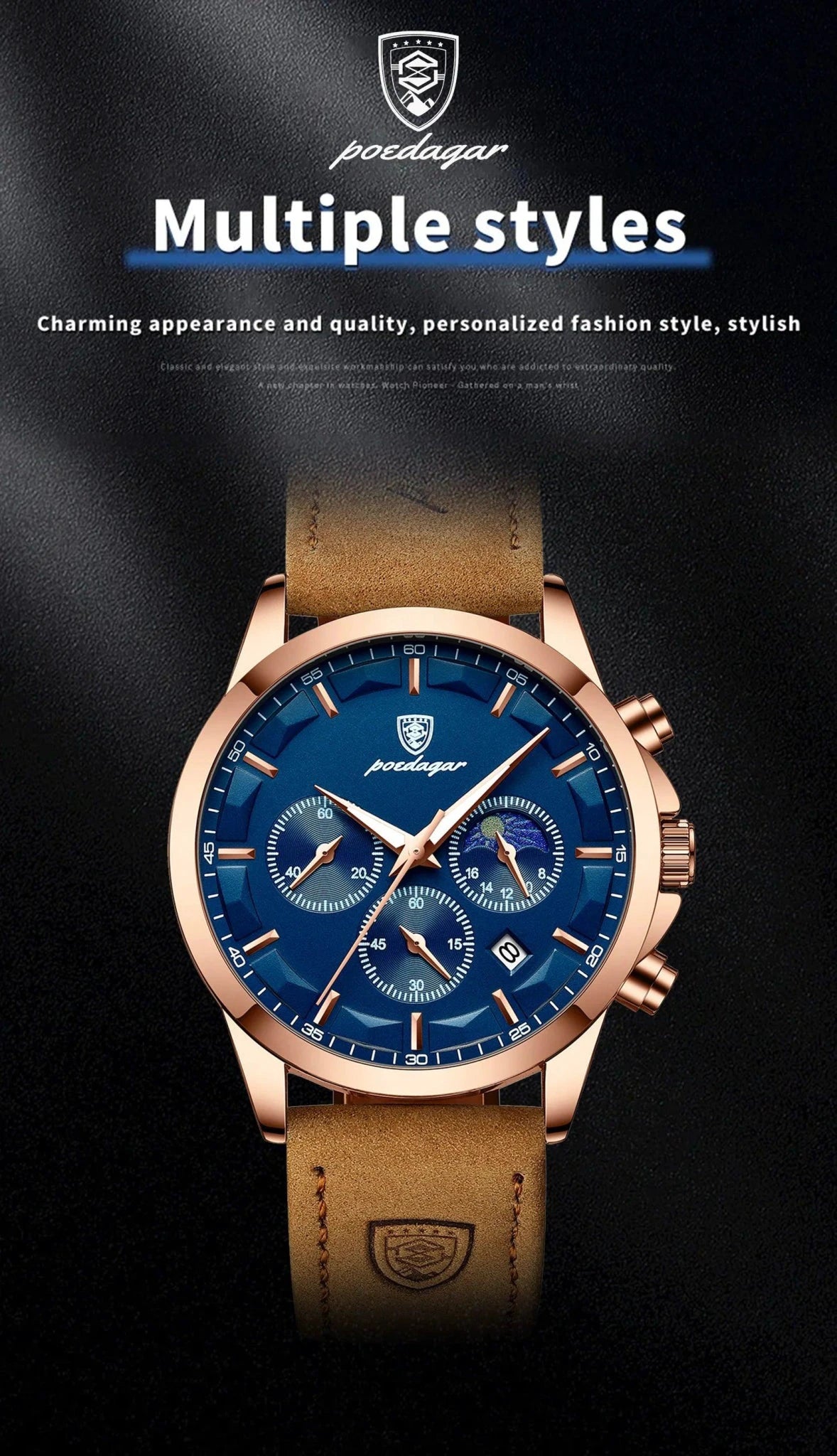 Mandotos POEDAGAR luxury men's chronograph watch with waterproof design, luminous dial, and leather strap on a wrist.
