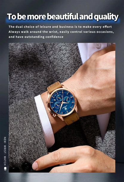 Mandotos POEDAGAR luxury men's chronograph watch with waterproof design, luminous dial, and leather strap.