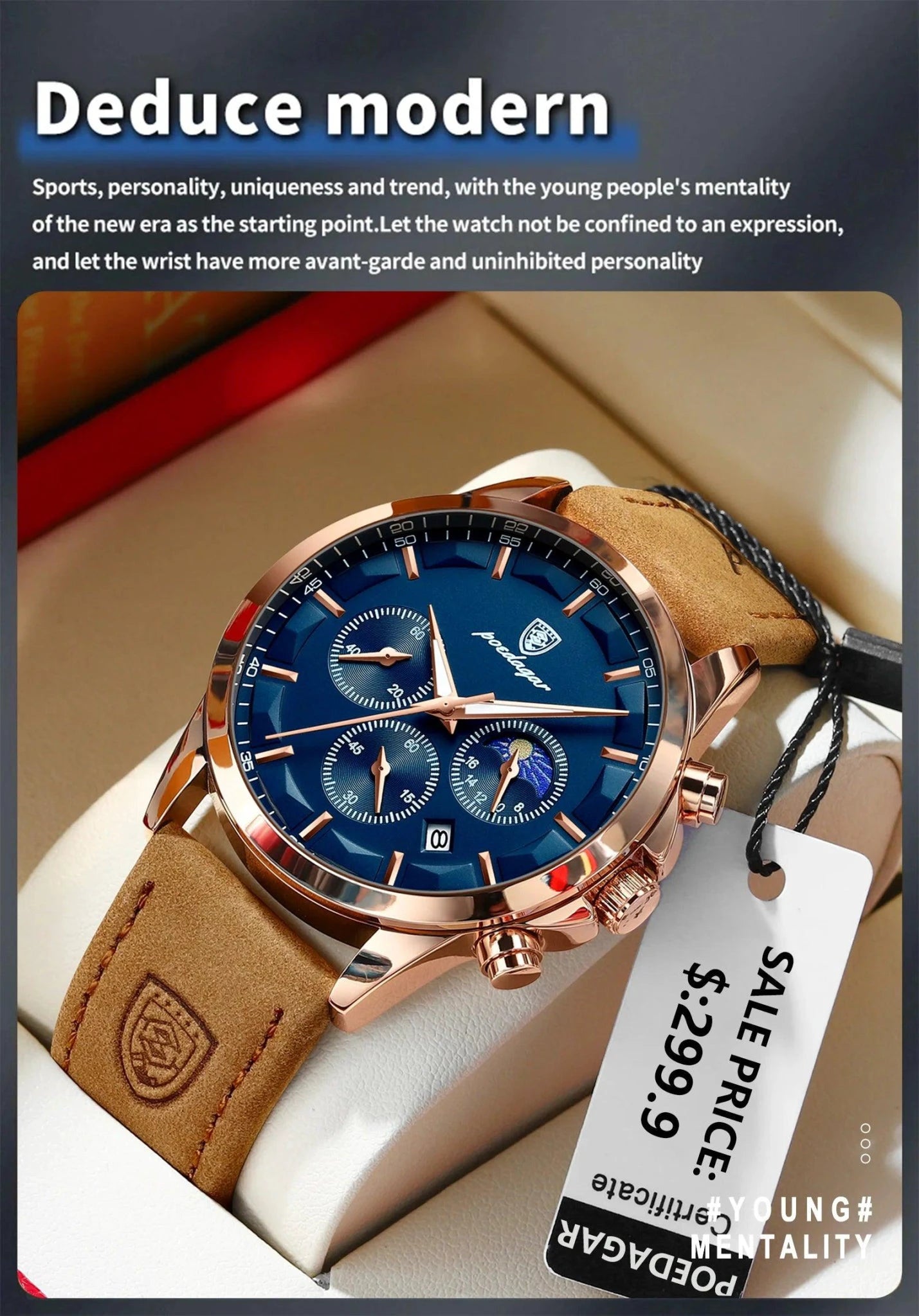 Mandotos POEDAGAR luxury men's chronograph watch with waterproof design, luminous dial, and leather strap.