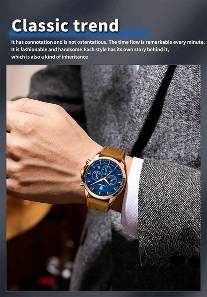 Mandotos POEDAGAR luxury men's chronograph watch with waterproof design, luminous dial, and leather strap.