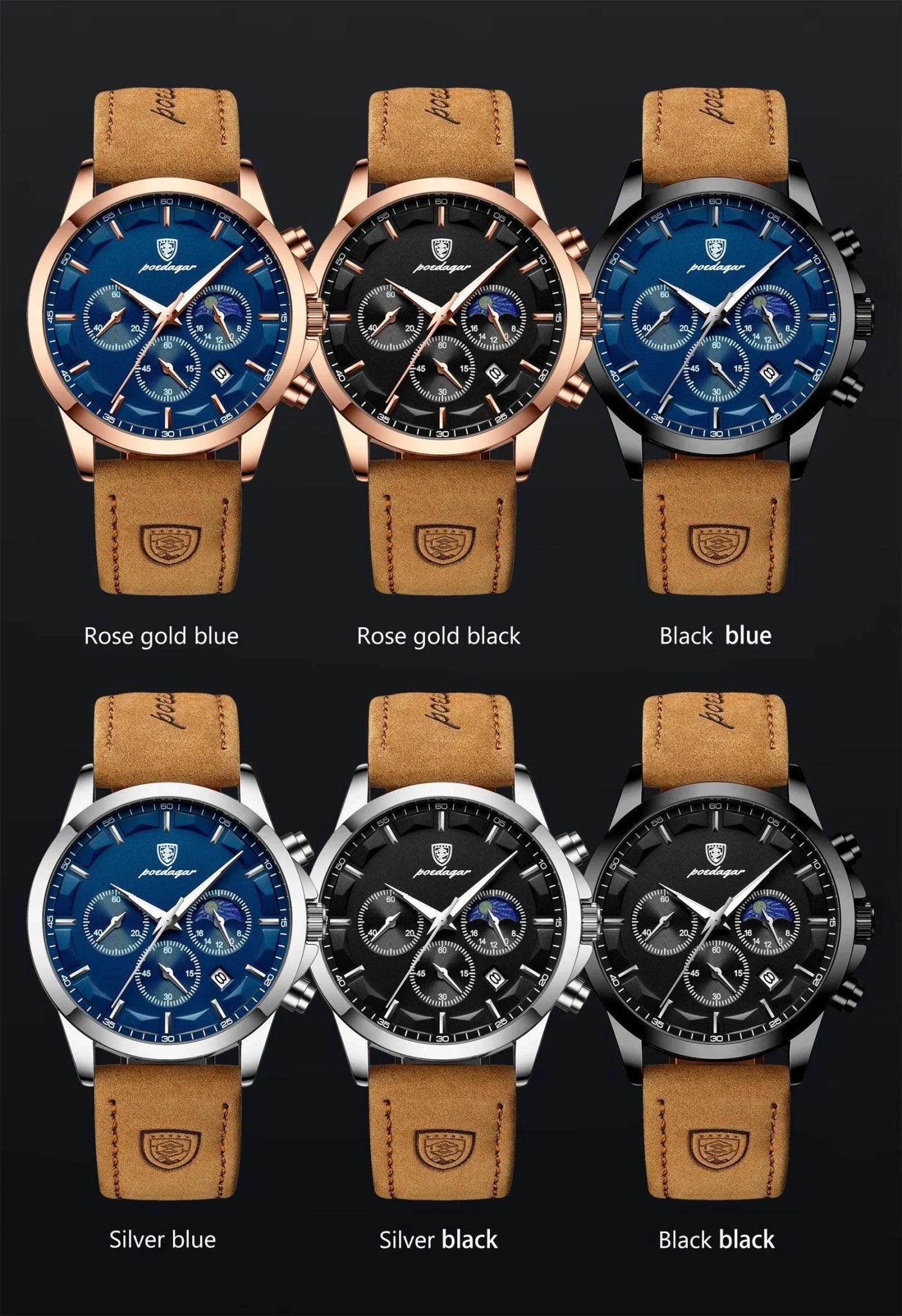Mandotos POEDAGAR luxury men's chronograph watch with waterproof design, luminous dial, and leather strap.