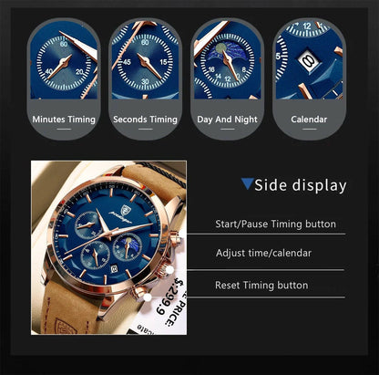 Mandotos POEDAGAR luxury men's chronograph watch with waterproof design, luminous dial, and leather strap.